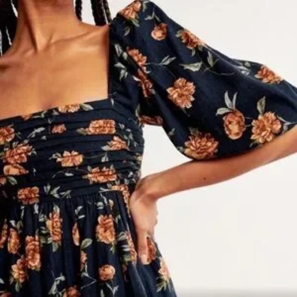 Abercrombie & Fitch Blue Floral Emerson Linen Puff Sleeve Mini Dress Size XL - Picture 2 of 9